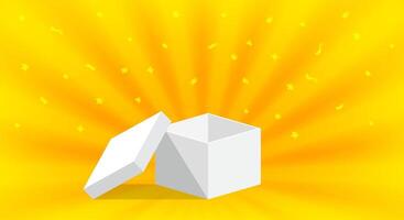 empty box open isolated on yellow gold background, single open white box for surprise or gift present, blank box copy space for greeting text concept, white gift box 3d and ribbon confetti golden vector