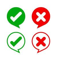 check mark sign in speech bubble circle isolated on white, checkmark yes or no vote in speech box symbol, correct choice x or confirm and deny icon, cross or right for question, label talk ok and deny vector