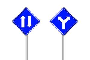 road sign of arrow pointing two way traffic ahead and crossroad, traffic road sign blue color isolated on white, warning caution sign and steel pole for direction signpost the way vector