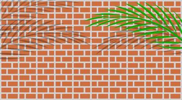 red brick wall tile and leaves palm for background and copy space, bathroom wall brick tile and leaf coconut palm shadow, brickwork texture and coconut leaves, red brown brick wall and palm branches vector