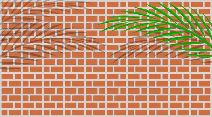 red brick wall tile and leaves palm for background and copy space, bathroom wall brick tile and leaf coconut palm shadow, brickwork texture and coconut leaves, red brown brick wall and palm branches