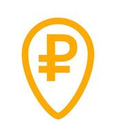 ruble currency symbol in pin point for icon, russia ruble money yellow orange, ruble money symbol in pointer pin, russian ruble currency coin for button info graphics flat simple vector