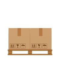 crate boxes two on wooden pallet, wood pallet with cardboard box in factory warehouse storage, flat style warehouse cardboard parcel boxes stack, packaging cargo, 3d boxes brown isolated on a white vector