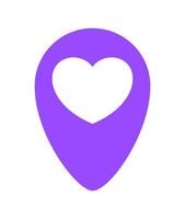 heart symbol in purple pin point icon isolated on white, pointer white heart shape for position marker, cute heart simple with pin point symbol, pin pointer for love location place or direction vector
