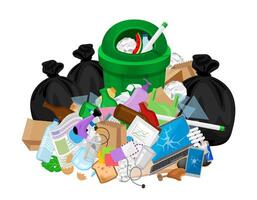 pile of garbage waste and bag plastic, green recycle bin isolated on white, plastic garbage waste many, plastic waste dump and bin green, illustration stack plastic waste and bin separation recycle vector