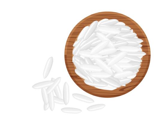 rice seed raw on circle wood plate, isolated on white, grains rice and paddy seed on wooden tray, pile rice grains, illustration rice barley white seed macro concept, vegetarian food for a clip art