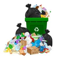 pile of garbage waste and bag plastic at green recycle bin isolated on white, plastic garbage waste many, plastic waste dump and bin green, illustration stack plastic waste and bin separation recycle vector