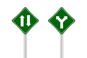 road sign of arrow pointing two way traffic ahead and crossroad, traffic road sign green color isolated on white, warning caution sign and steel pole for direction signpost the way vector