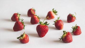 A group of strawberries on a white surface photo