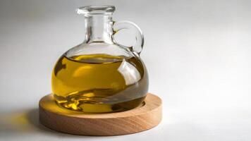 A bottle of olive oil on a wooden stand photo