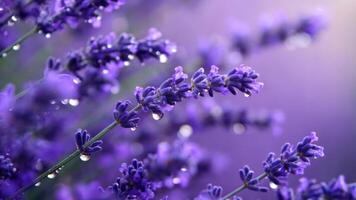Close-up of Lavender Blossom Background with Dewdrops Creates Serene and Beautiful Background. Floral Wellness Concept photo