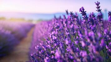 Serene lavender field under a vibrant sunset creating a tranquil nature landscape. Travel scenery concept photo