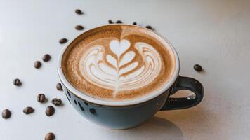 A cup of coffee with a heart-shaped latte art on top photo