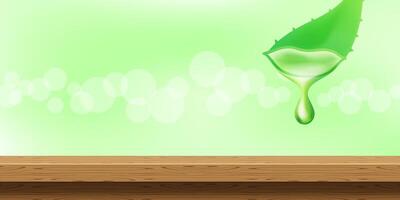 aloe vera and drop on table wood plank, natural aloe vera leaf on green bokeh background, wooden table front for display aloe vera product, copy space text of aloe vera for banner advertising vector