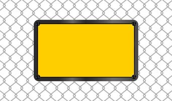 rectangle sign yellow on wire mesh background, caution emblem on fence barb grid, copy space, empty warning sign template on barrier wire net, barbed wire fence wall and emblem warning sign vector
