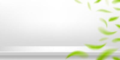 white wood plank with blur fallen leaves green fresh for banner background, green leafs and table plank white grey for advertise product display, front view, copy space vector