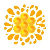 honey bee splash drop isolated on white, orange juice mixed with honey blob for ad graphic design, bee comb shape and splash, yellow gold honeycomb and drop splatter, honey bee hexagon and blob splash vector