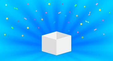 empty box open isolated on blue background, open white box for surprise or gift present, blank box copy space for greeting text concept, white gift box and a ribbon confetti colorful vector