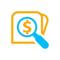 magnifying glass with dollar currency money search icon, dollar coin with magnifying glass for button app, research icon blue on orange wallet, dollar money symbol in search symbol isolated on white vector