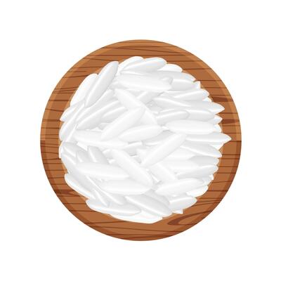rice seed raw on circle wood plate, isolated on white, grains rice and paddy seed on wooden tray, pile rice grains, illustration rice barley white seed macro concept, vegetarian food for clip art