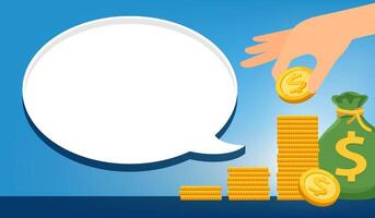 money pile in hand and speech bubble box for copy space, pile medal dollar and banknote money and dialog speech for text, stack money in hand for banner template, savings money concept vector