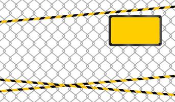 caution tape line stripe on wire mesh and rectangle warning sign, rectangle sign yellow on wire mesh isolated on white background, warning space with ribbon tape or comfort safety zone, copy space vector