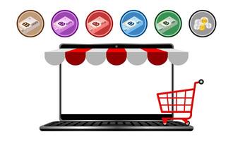 money thai baht icon and a notebook computer for shopping online, notebook screen with shopping cart and THB money, business finance and e-commerce concept vector
