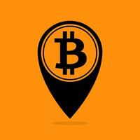 bitcoin coin black icon on orange background, symbol bitcoin for use location pin logo, bitcoin symbol for map pointer concept vector