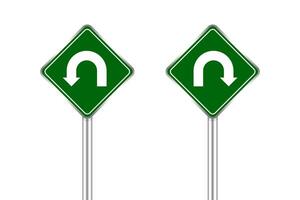 road sign of arrow pointing left and right u-turn, traffic road sign u-turn left and right isolated on white, warning caution sign and steel pole of direction signpost the way, traffic road sign green vector