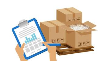tasks clipboard in hands and crate boxes for quality check, clipboard with checkmark for stock quality report, quality control of cardboard parcel boxes in warehouse factory, packaging cargo vector