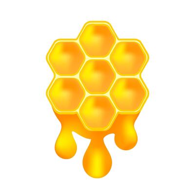 honey bee on drops isolated on white, honey drops and honeycomb symbol, icon honey hexagon on blob splash, illustration bee comb on yellow gold drop splatter, honeycomb shape for product juice graphic
