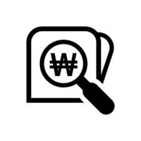 magnifying glass with won currency money search icon, korean won coin with magnifying glass for button app, research icon wallet, won money symbol in search icon isolated on white vector
