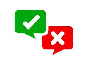 check mark sign in speech bubble square, checkmark yes or no vote in speech box symbol, correct choice x or confirm and deny icon, cross or right for question, label talk ok and deny vector