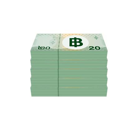 pile banknote money 20 baht thai, currency stack of twenty baht THB type, bank note money thailand baht for business and finance icon, paper money thai isolated on white background