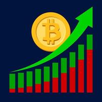 bitcoin currency on graph with green arrow pointing up, bitcoin money symbol on chart bar arrow for success growth concept, currency digital money on graph investment growth, bitcoin icon on graph vector