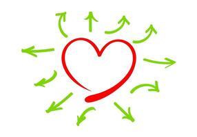 arrow line pointing out from the heart shape frame, isolated on white, doodle red heart shape and arrow line green for clip art, illustration of arrow and heart red, copy space for valentine's day vector