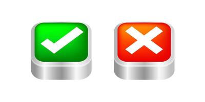 button push 3d checkmark and x or confirm and deny for apps and websites, icon 3d checkmark choice, checkbox button for push choose game, answer box for checklist, approval sign or check button push vector