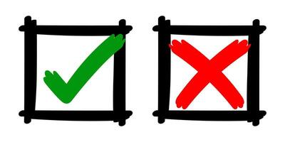 check mark sign yes or no with stripes brush hand drawn, checkmark cross or right tick choice for vote, accept or x icon graphic red green for voting isolated on white, handwritten concept vector