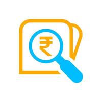 magnifying glass with rupee currency money search icon, rupee coin with magnifying glass for button app, research icon blue on orange wallet, rupee money symbol in search symbol isolated on white vector