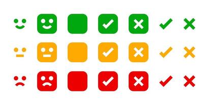 icon emotions face, emotional symbol and approval check sign button, emotions faces and checkmark x or confirm and deny, button checkbox flat for apps, faces icon and checkmark choice for checklist vector