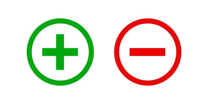 minus and plus sign icons graphic, negative and positive symbol, anode cathode sign red and green button vector