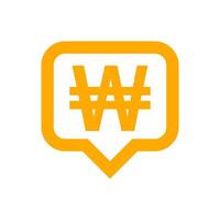 won currency symbol in speech bubble square shape for icon, monetary won currency symbol, korean won coin in flat style for digital app and website, simple won symbol orange vector