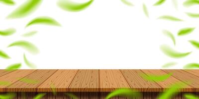 table plank wood with blur fallen leaves green fresh for banner background, wooden plank for advertise product display, table plank in front view, copy space vector