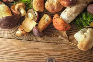 fresh forest mushrooms on a wooden background. top view, copy space. Autumn concept. photo
