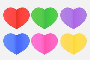 heart-shaped paper colorful bright, heart shape multi color paper flat lay style, beautiful heart shape colorful isolated on grey, set of heart shape red, green, purple, blue, pink, yellow bright vector