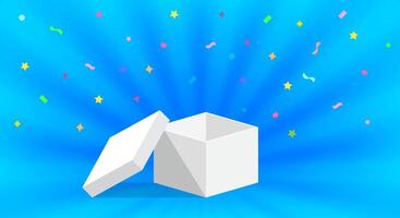 empty box open isolated on blue background, open white box for surprise or gift present, blank box copy space for greeting text concept, white gift box and ribbon confetti colorful vector