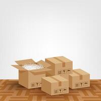 pile boxes brown placed on parquet floor in the room empty, cardboard carton box and copy space banner ad, stack cardboard box carton on the room floor, parcel boxes brown packaging for transport vector