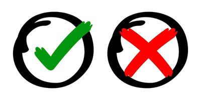 check mark sign yes or no with stripes brush hand drawn, checkmark cross or right tick choice for vote, accept or x icon graphic red green for voting isolated on white, handwritten concepts vector
