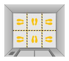elevator lift floor with tape line yellow black stripe, footprints mark for standpoint at floor elevator inside, prevention of spreading covid-19 virus concept, elevator top view, footprints position vector