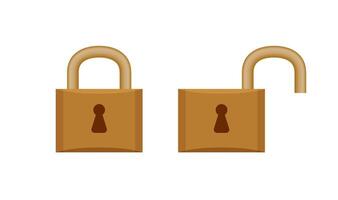 padlock in locked and unlocked isolated on white, brown padlock for clip art, key lock shape for icon cute, icon of key lock and unlock key vector